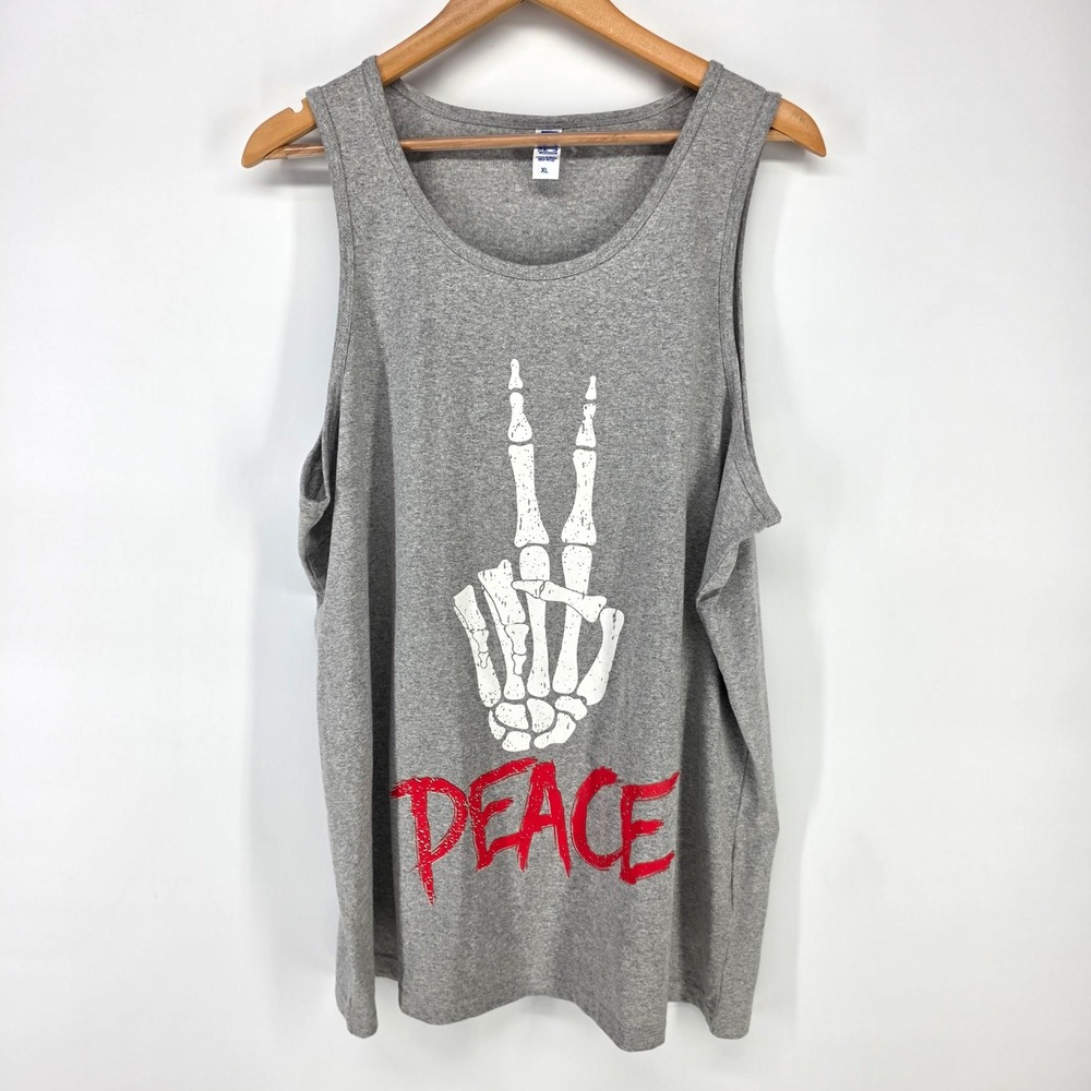 Brisco Brands Tank Top Mens XL Gray Skeleton Peace Sign Graphic Sleeveless Tee